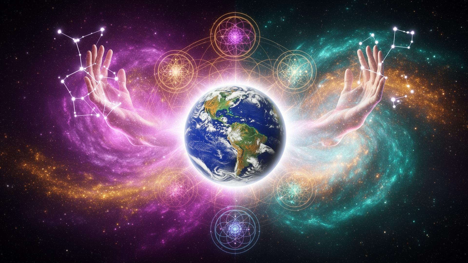 Earth cradled in the cosmos with constellations